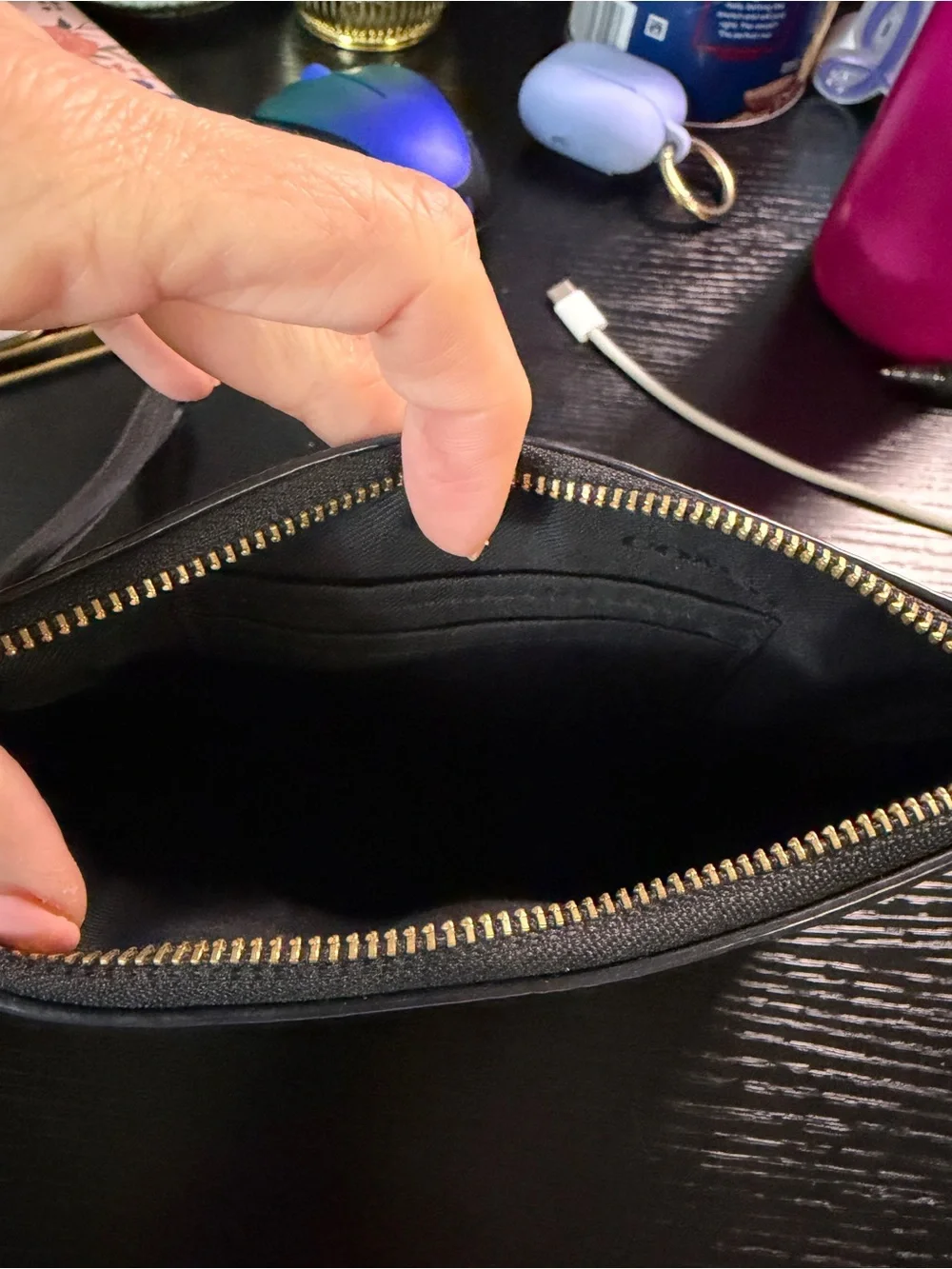 Coach Black Pebbled Leather Wristlet with Gold Hardware